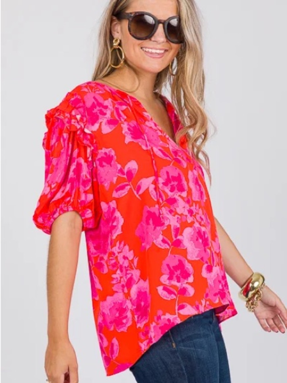 Olivaceous Pink Floral Puff-Sleeve V-Neck Blouse